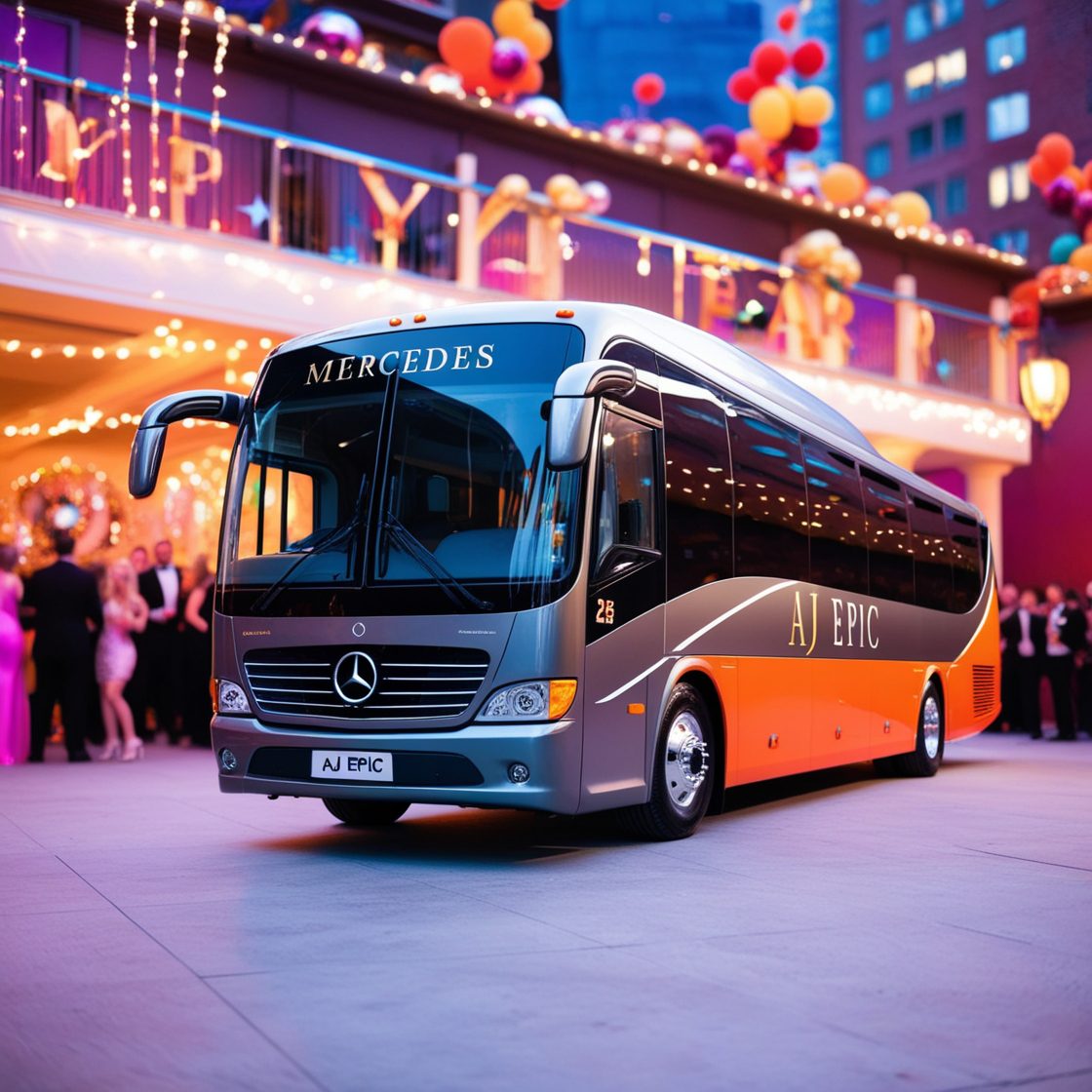 Celebratory atmosphere captured with a focus on the AJ EPIC bus parked outside a vibrant venue.