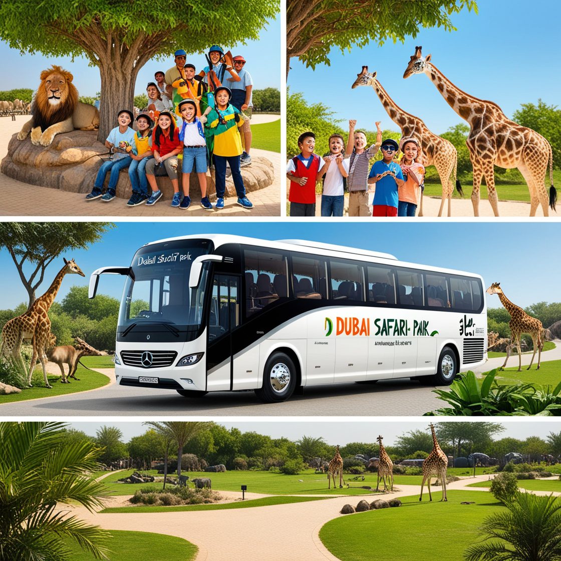 Excited visitors watching a lion and giraffes at Dubai Safari Park, with an AJ EPIC branded bus in the foreground.