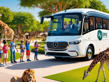 A luxurious AJ EPIC bus outside Dubai Safari Park, where families enjoy observing diverse animals in a natural setting.
