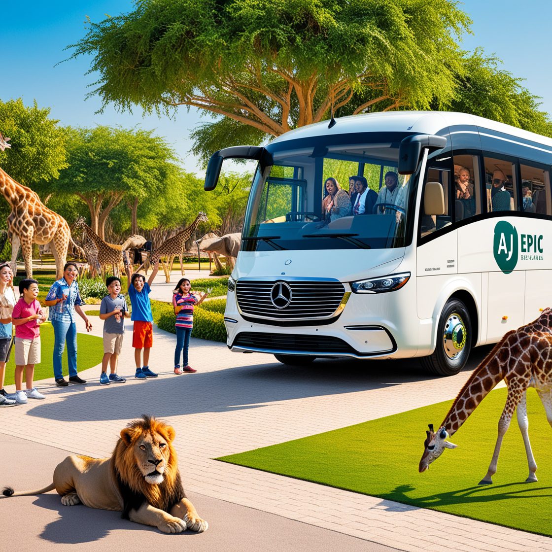 A luxurious AJ EPIC bus outside Dubai Safari Park, where families enjoy observing diverse animals in a natural setting.