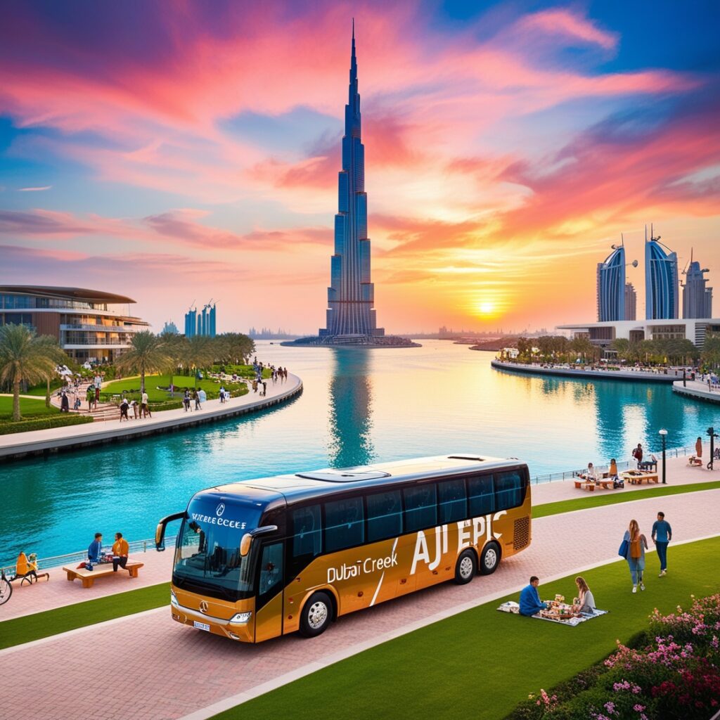 Sunset view of Dubai Creek Harbour, featuring the iconic Dubai Creek Tower and a luxurious modern Mercedes bus branded with "AJ EPIC" along the waterfront.
