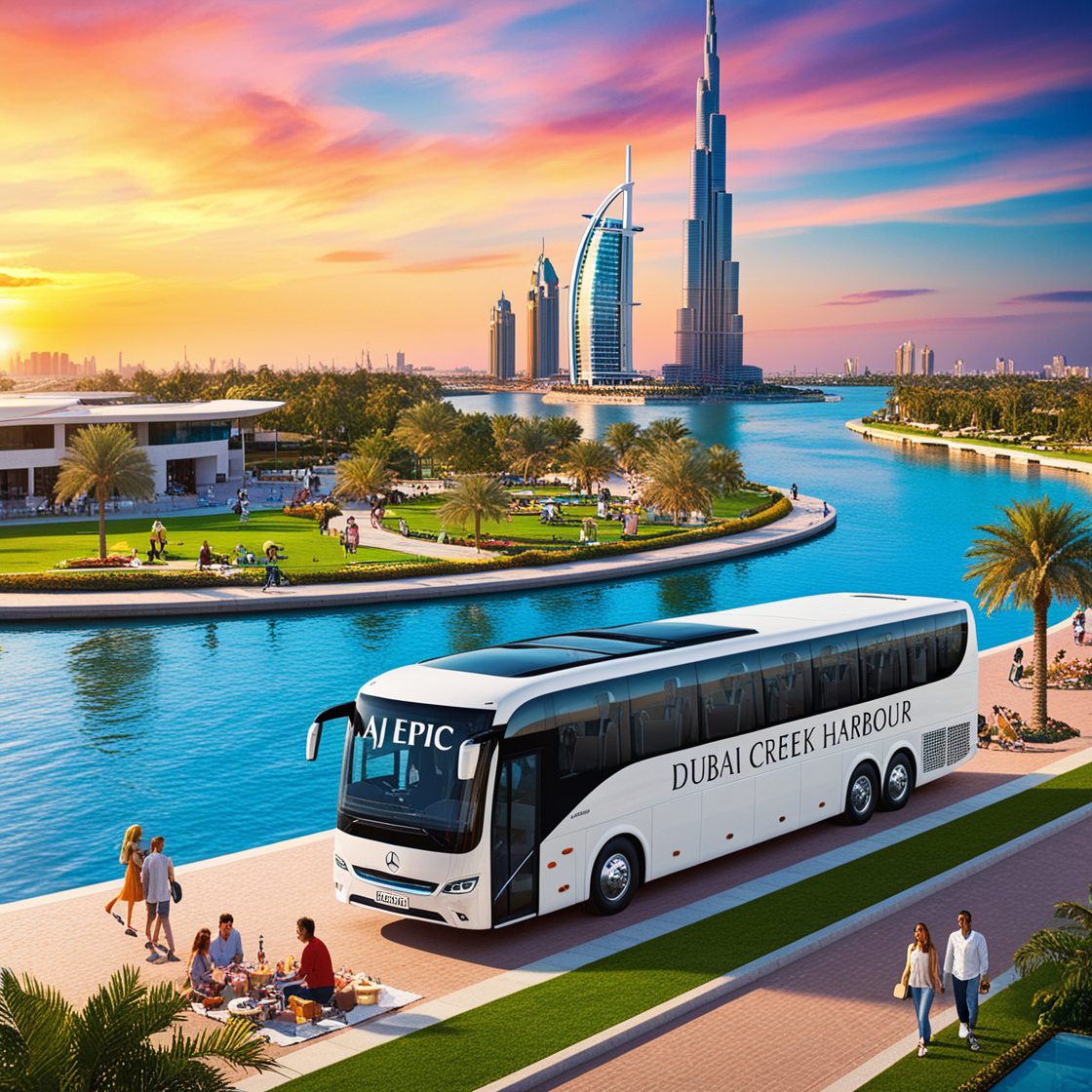 A picturesque scene of Dubai Creek Harbour at dusk, showcasing the vibrant skyline, serene waters, and an "AJ EPIC" branded bus parked in the foreground.