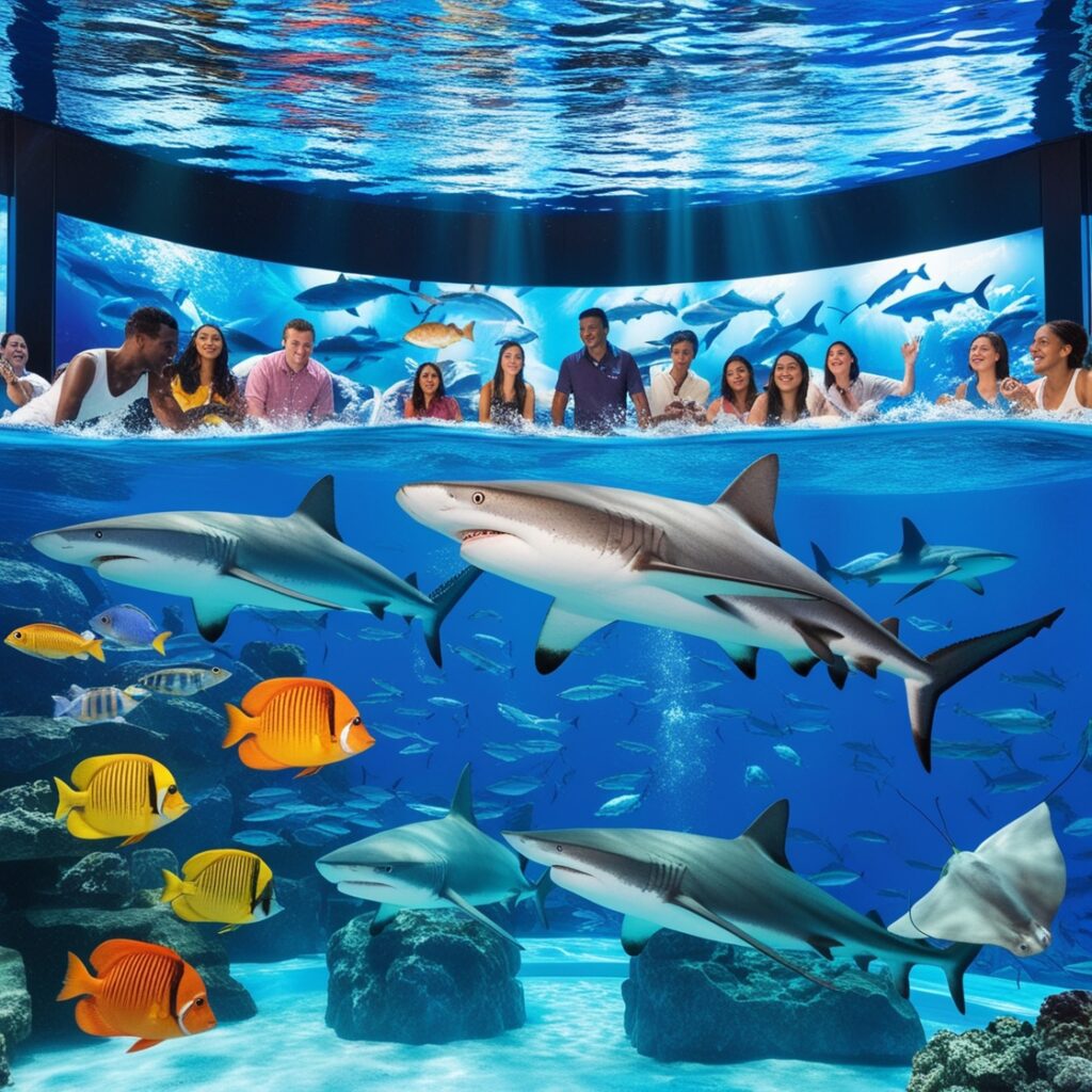 Families interacting with animals at the Underwater Zoo.