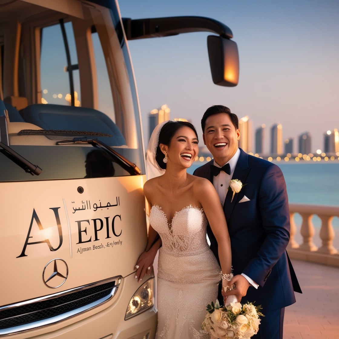 a beautiful wedding couple near aj epic wedding bus rental services in ajman