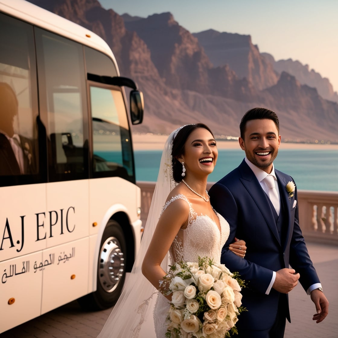 a beautiful wedding couple with aj epic wedding bus rental services in fujaira