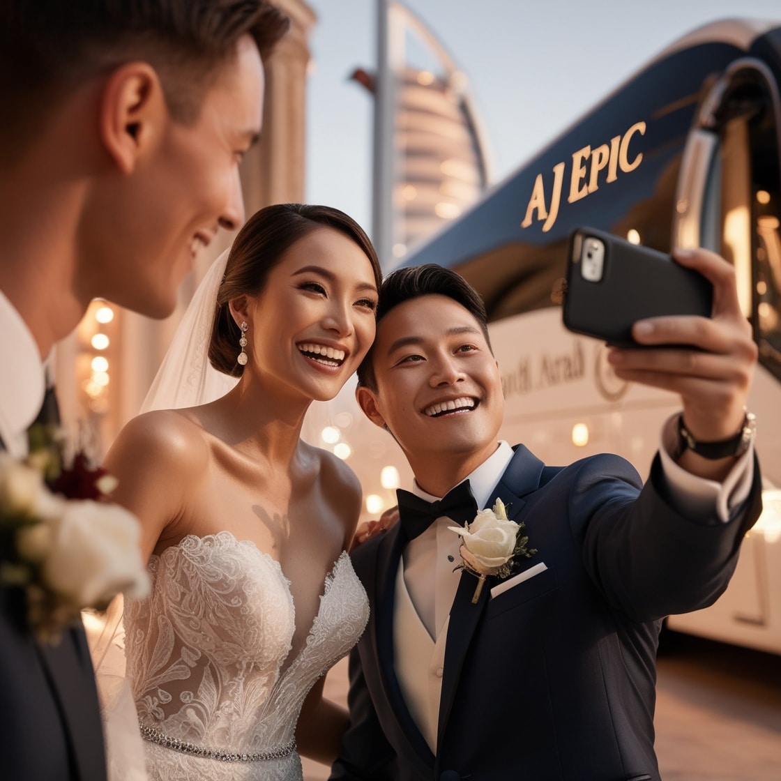beautiful couple with aj epic wedding bus rental dubai