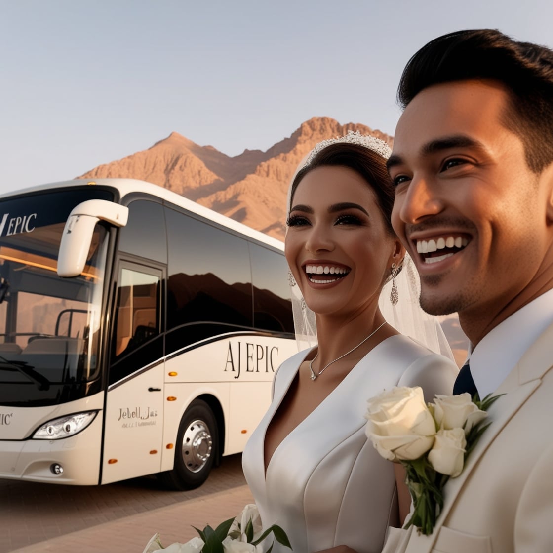 a beautiful wedding couple with aj epic wedding bus rental services in ras al khaimah