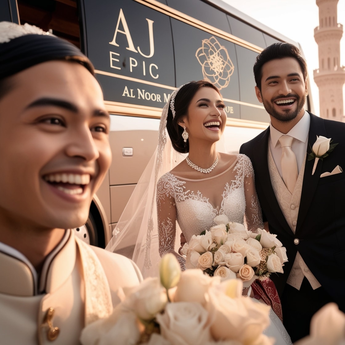 a beautiful wedding couple in sharjah with aj epic wedding bus rental services