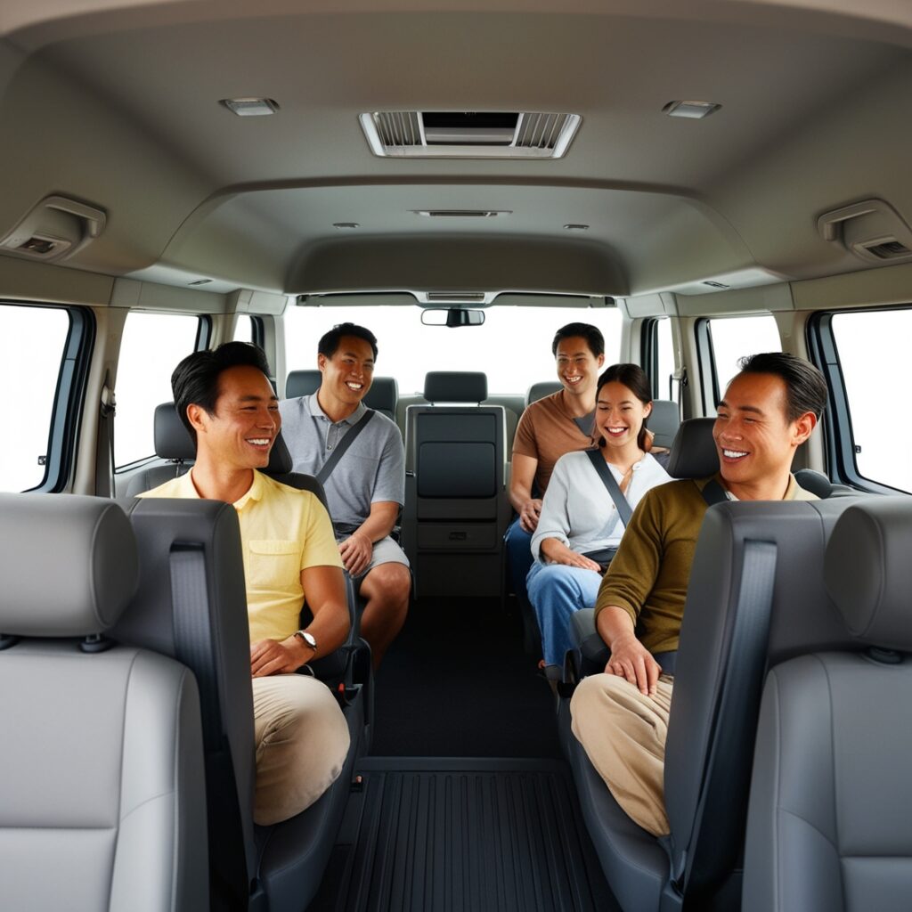 "Interior of a Toyota HiAce minivan with five passengers seated comfortably, engaged in conversation. The clean, modern van features air-conditioned, spacious seating with natural light streaming in through the windows."