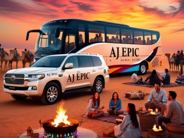 AJ EPIC bus parked in the Dubai desert during sunset, surrounded by tourists.