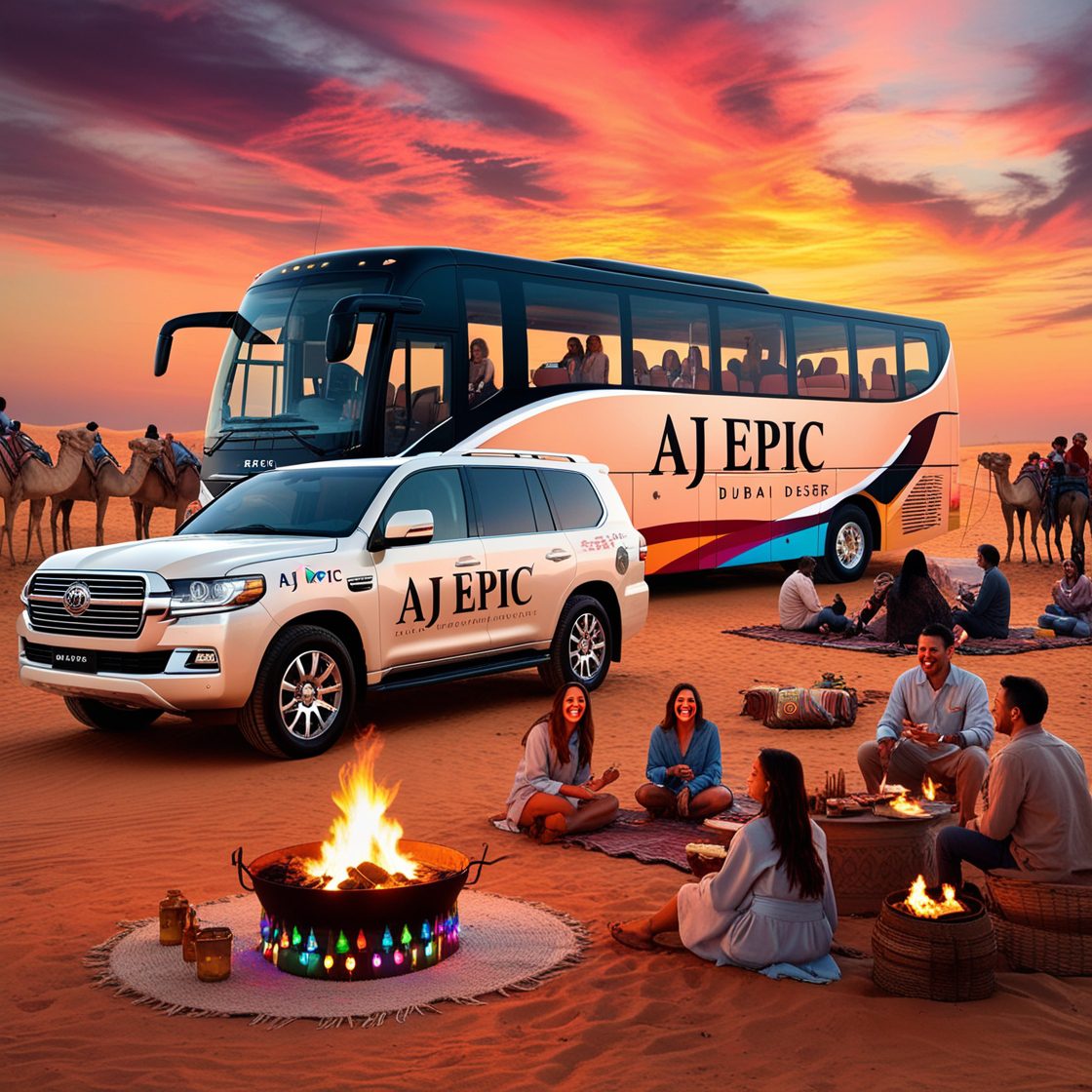 AJ EPIC bus parked in the Dubai desert during sunset, surrounded by tourists.