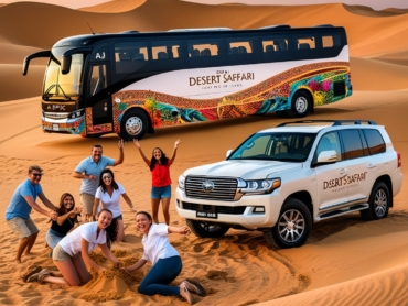 Different bus rental options for Dubai desert safari tours.
