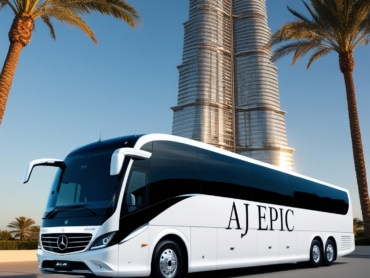 AJ EPIC luxury bus parked in front of Burj Khalifa for large group travel