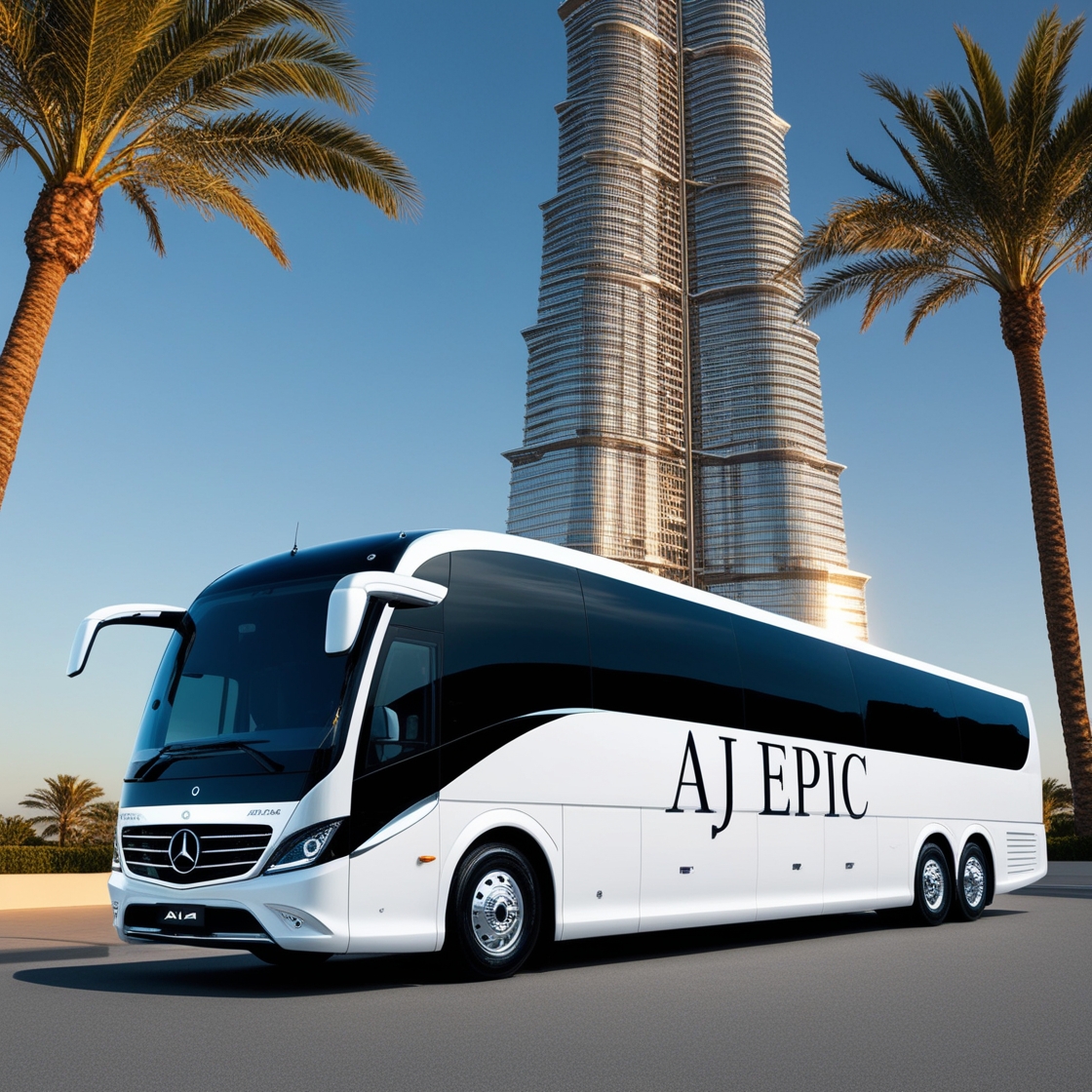 AJ EPIC luxury bus parked in front of Burj Khalifa for large group travel