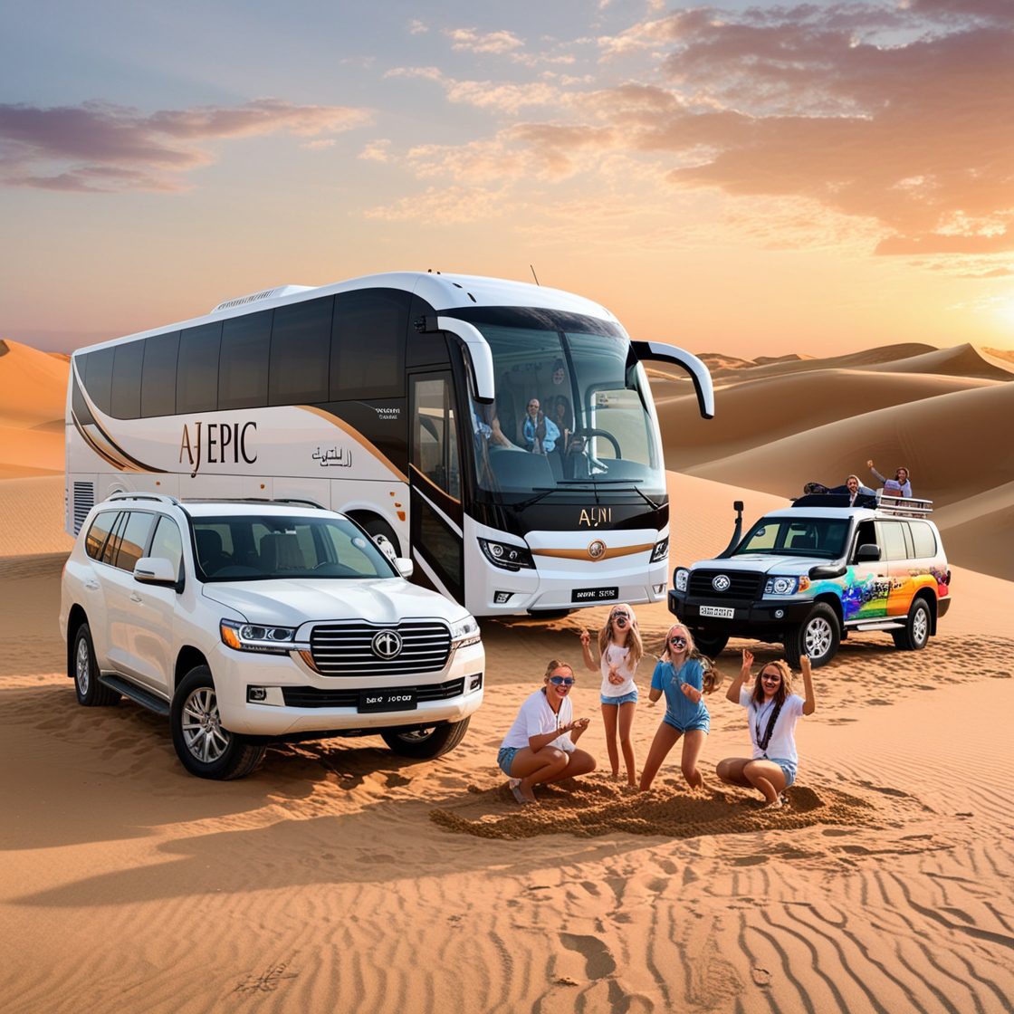 "Luxury coach bus rental and land cruiser in the Dubai desert at sunset."