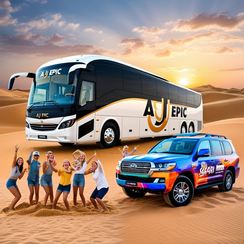 "Tourists happily playing in the sand near a luxury coach bus and land cruiser."
