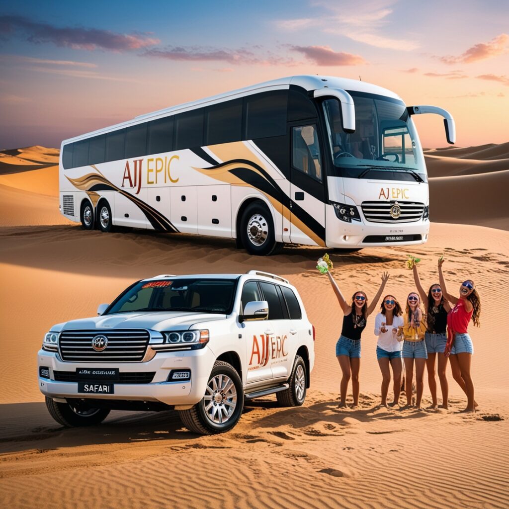 "AJ EPIC branded luxury coach bus and land cruiser ready for desert safari."
