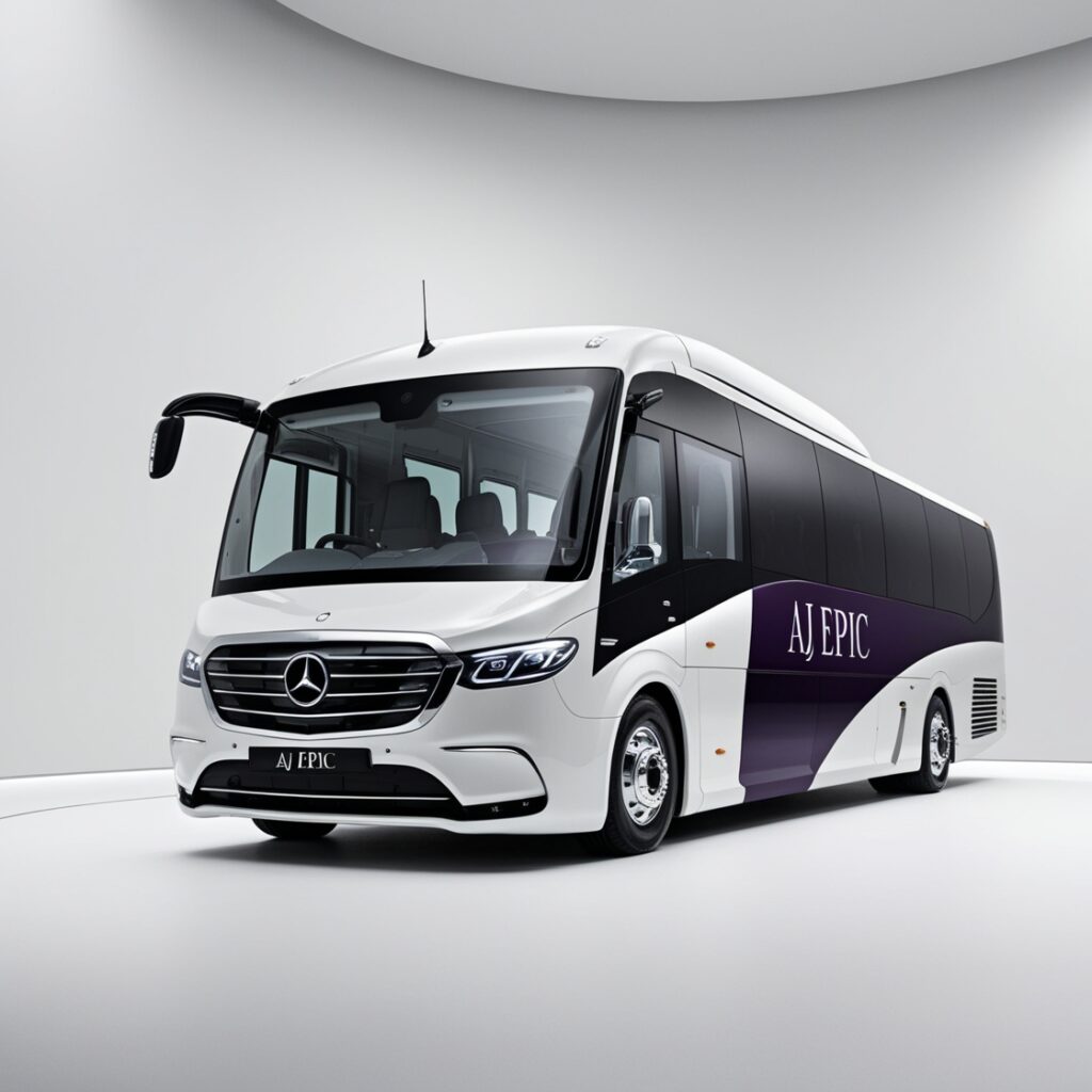 A group of employees boarding an AJ EPIC bus for a corporate event.