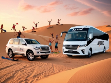 Customized bus rental for desert safari in Dubai.