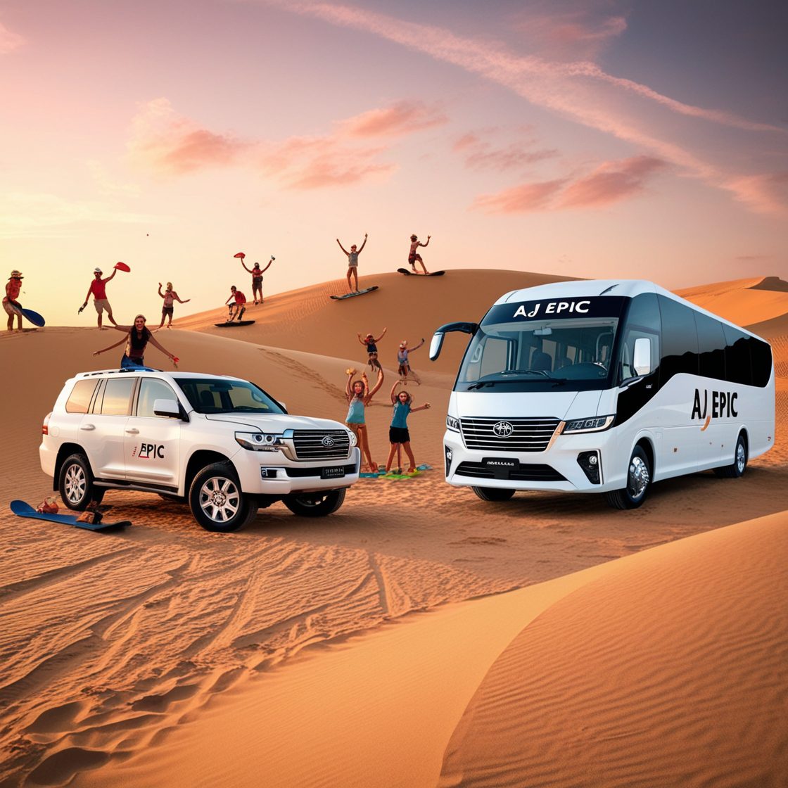 A spacious bus ready for a desert safari adventure in Dubai.