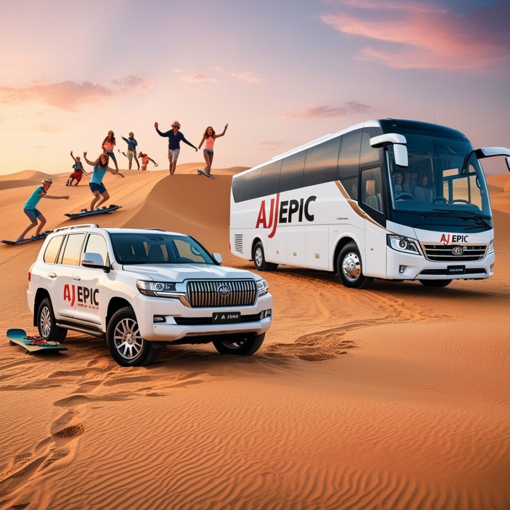 Families playing in the sand around the bus, capturing happy moments.
