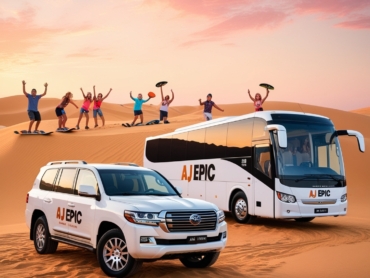 A spacious AJ EPIC bus parked in the Dubai desert with families enjoying the scenery.