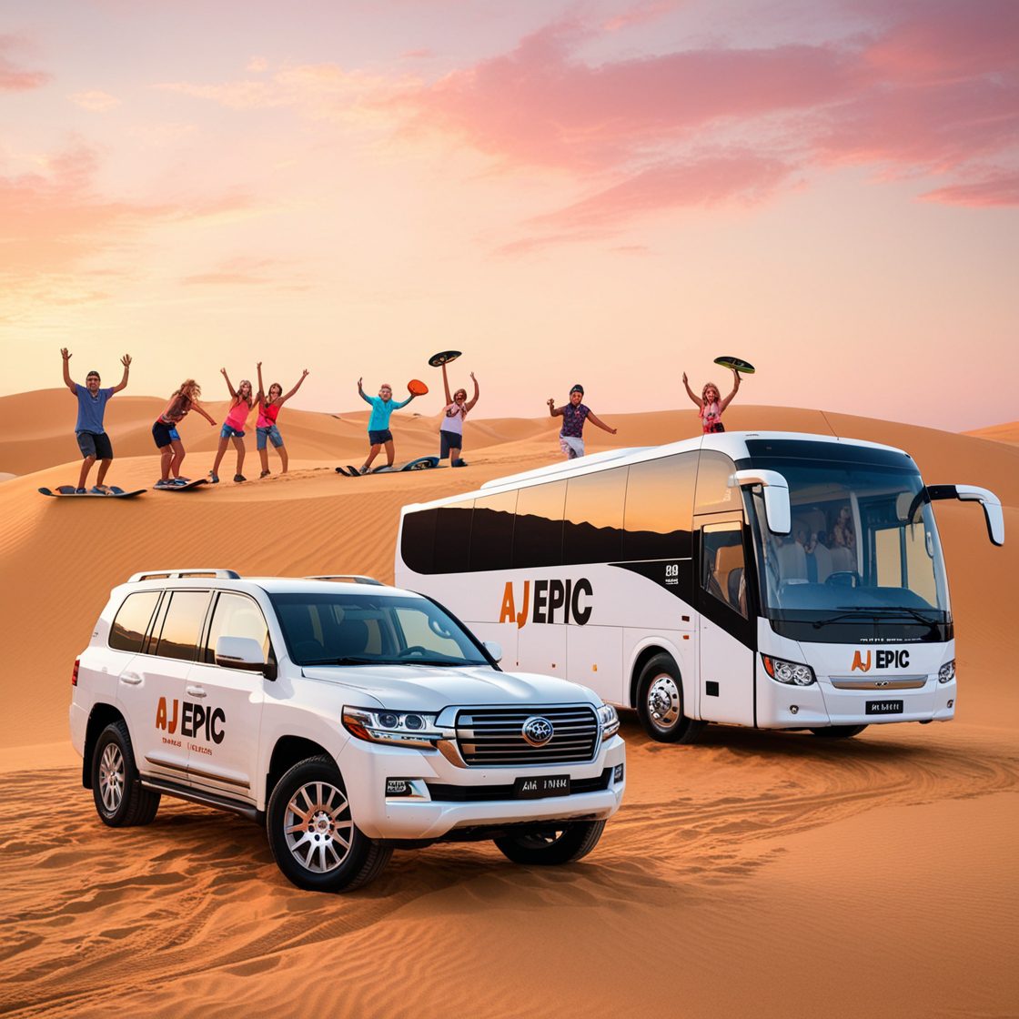 A spacious AJ EPIC bus parked in the Dubai desert with families enjoying the scenery.