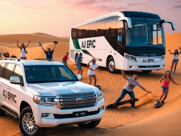 A luxurious AJ EPIC bus parked in the Dubai desert at sunset.
