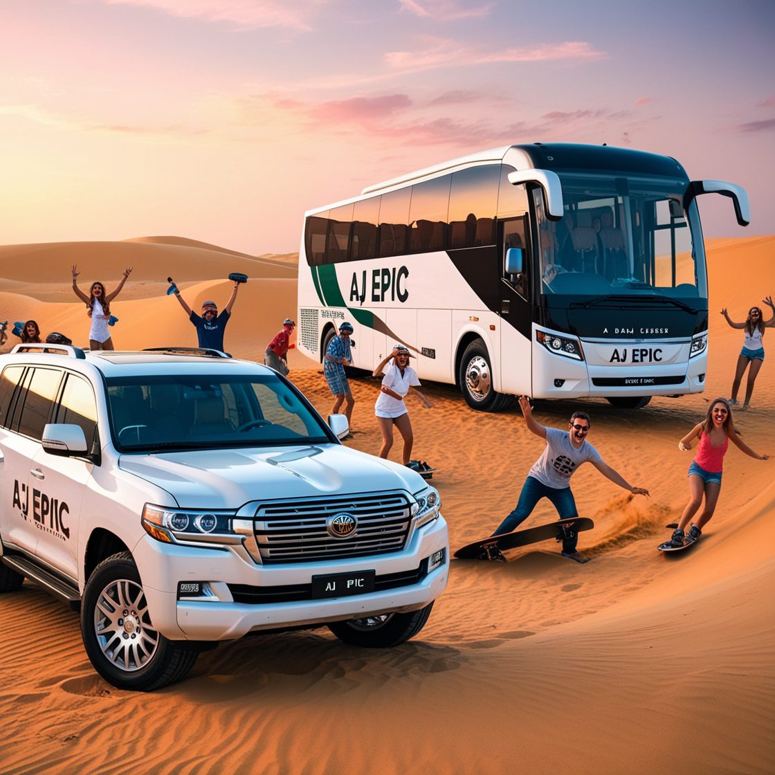 A luxurious AJ EPIC bus parked in the Dubai desert at sunset.