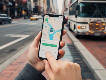 Person using a smartphone to navigate the city with a transportation app