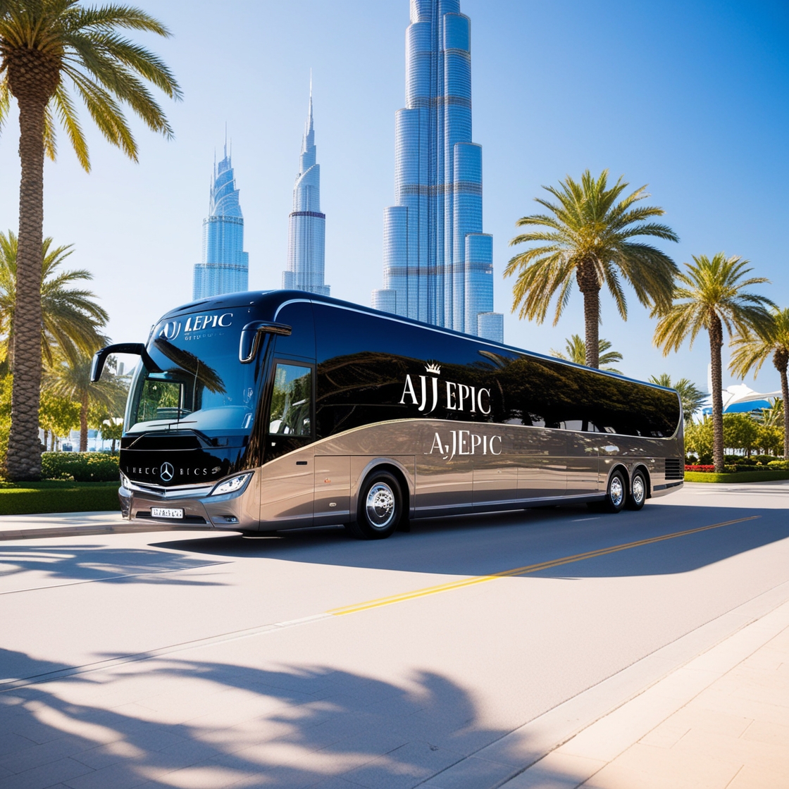 AJ EPIC luxury bus driving through Dubai for a corporate event