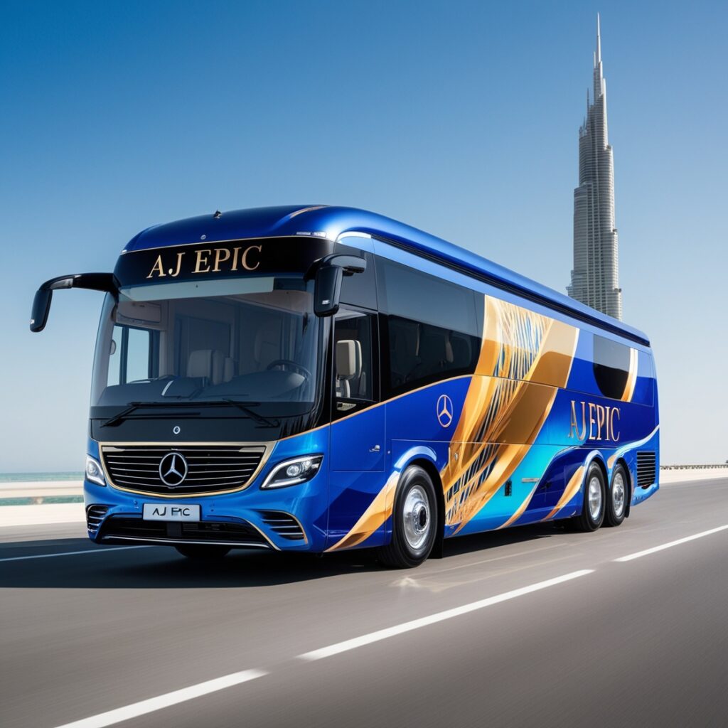 A luxury mini bus in a garage, highlighting its leather seats and entertainment system, while a technician performs a safety inspection on the vehicle, emphasizing AJ EPIC's commitment to maintenance and safety standards.