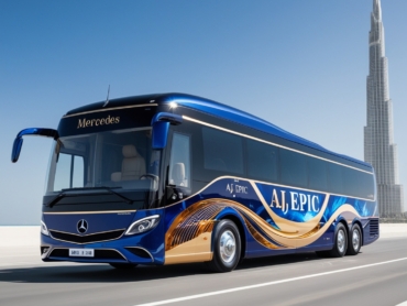 Luxury Mercedes bus with AJ EPIC branding on a Dubai road