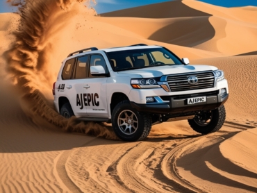 AJ EPIC luxury bus rental for desert safari in Dubai, parked in the desert with tourists ready for adventure.