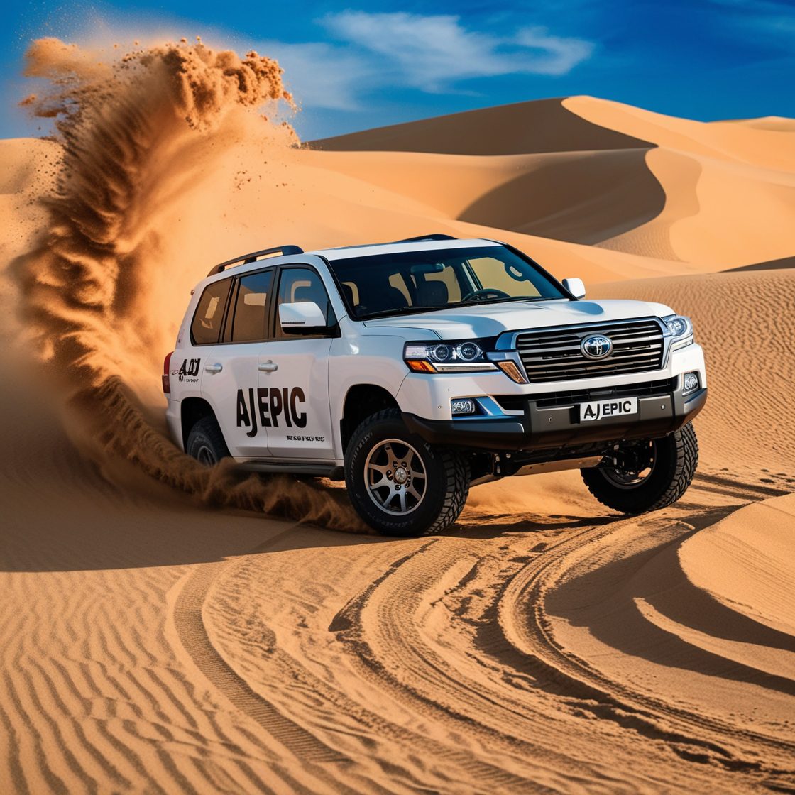 AJ EPIC luxury bus rental for desert safari in Dubai, parked in the desert with tourists ready for adventure.