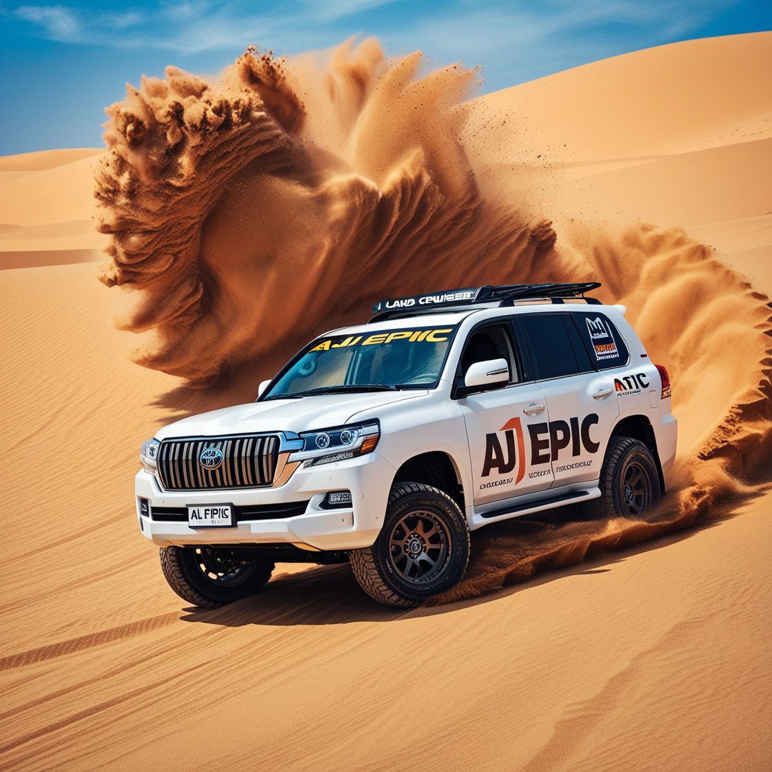AJ EPIC luxury bus parked in the Dubai desert, ready for safari
