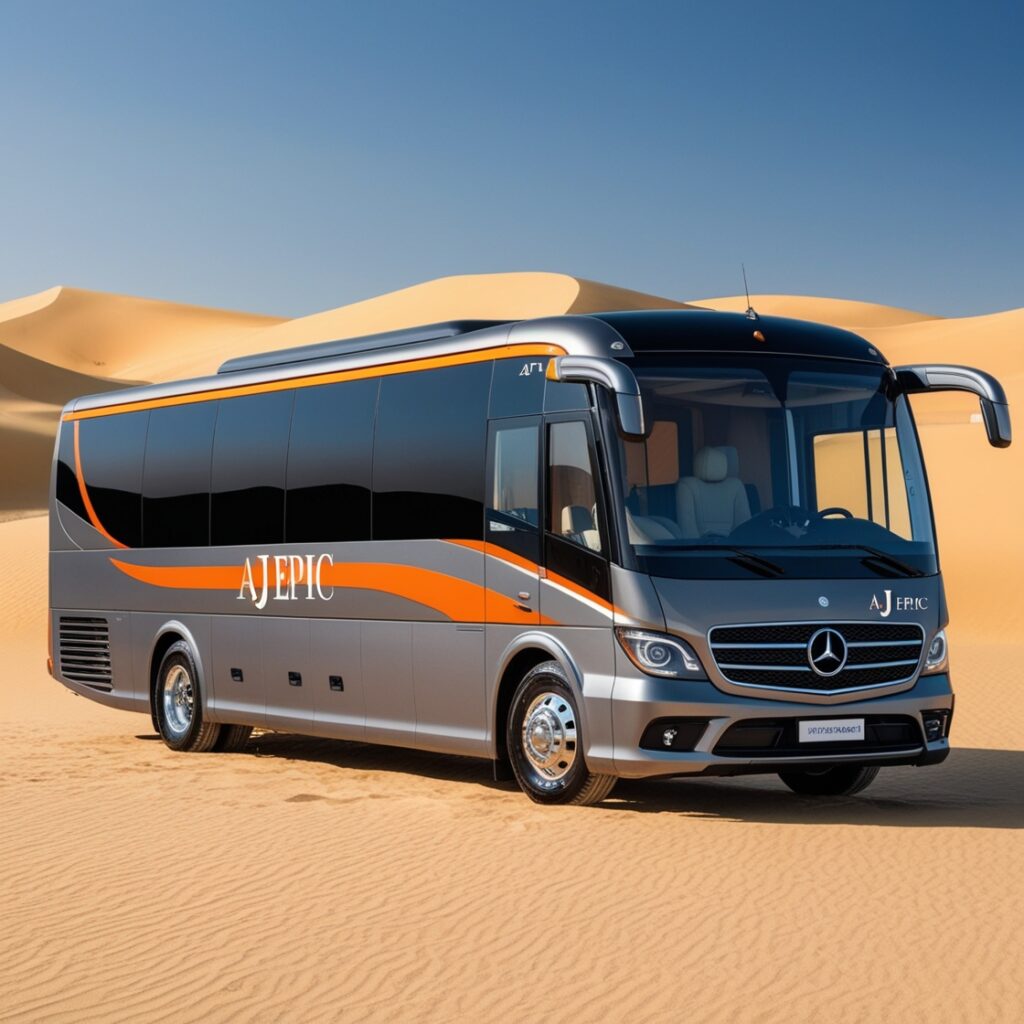 Tourists enjoying the desert landscape outside the bus.