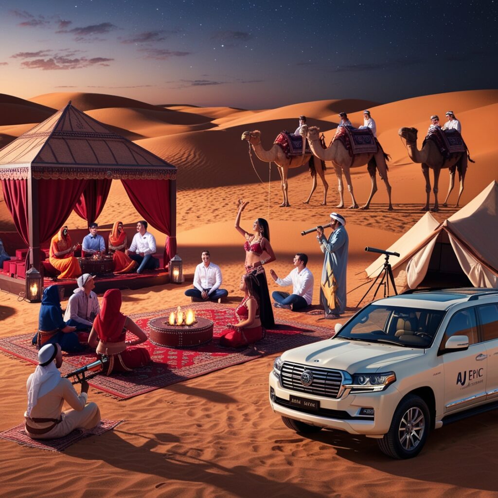 Tourists on camel rides in Dubai desert