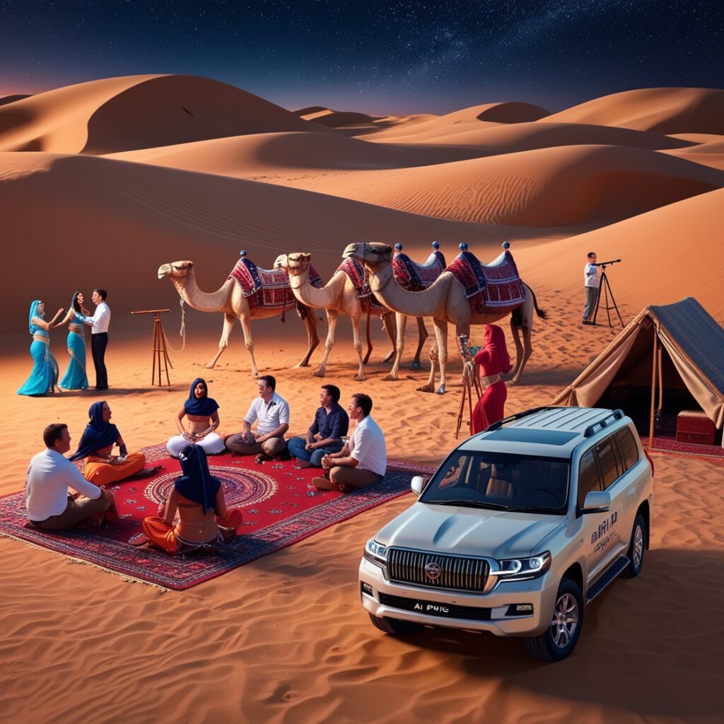 Traditional desert camp setup with live performances
