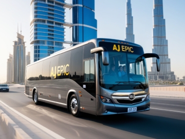 AJ EPIC bus navigating Dubai streets, solving common passengers transport challenges for businesses.