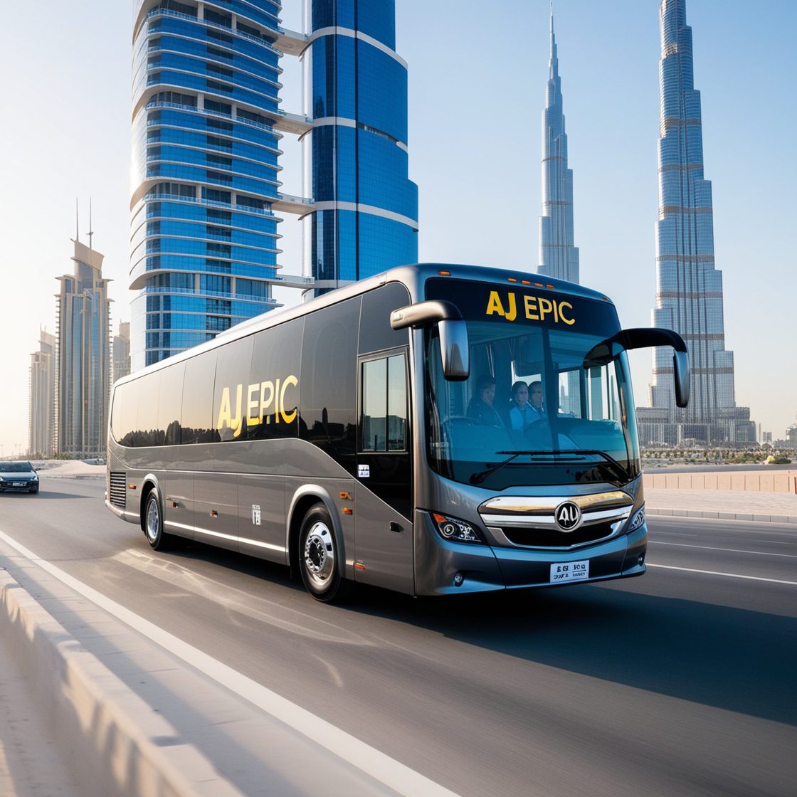 AJ EPIC bus navigating Dubai streets, solving common passengers transport challenges for businesses.