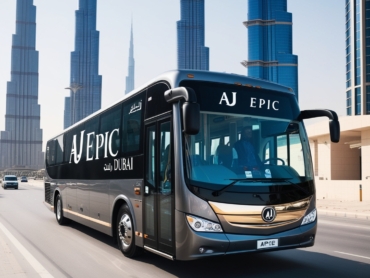 Employees boarding a luxurious AJ EPIC bus for a company outing.