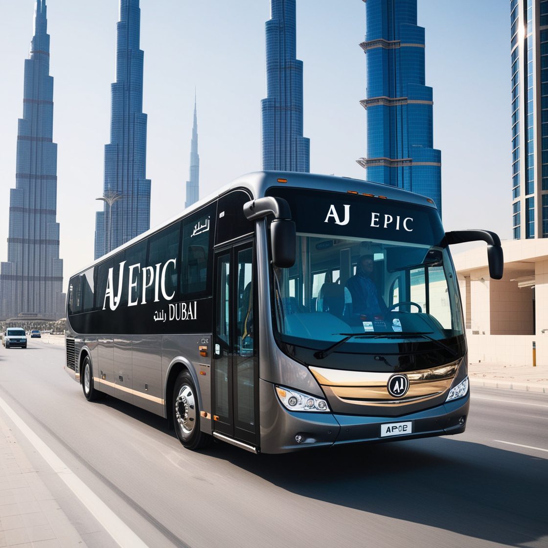 Employees boarding a luxurious AJ EPIC bus for a company outing.