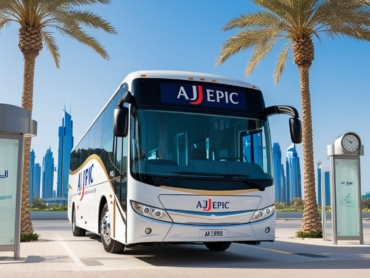 Modern AJ EPIC bus for outsourcing passengers transport services in Dubai.