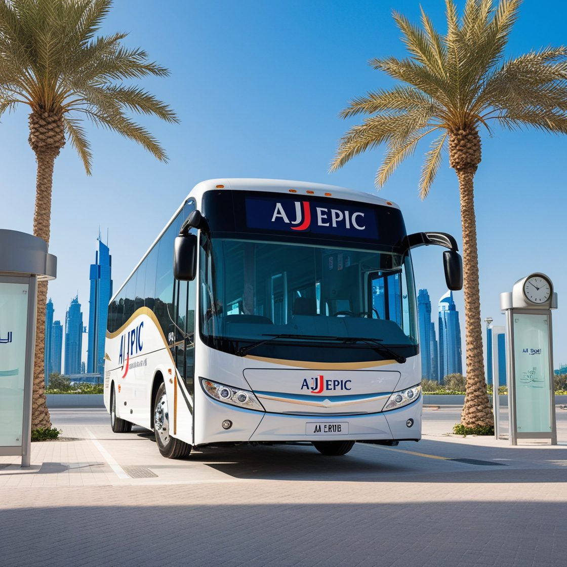 Modern AJ EPIC bus for outsourcing passengers transport services in Dubai.