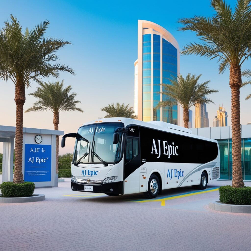 Modern AJ EPIC bus for outsourcing passengers transport services in Dubai.