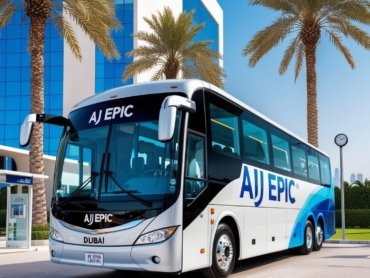 AJ EPIC bus highlighting top features of passengers transport services in Dubai.
