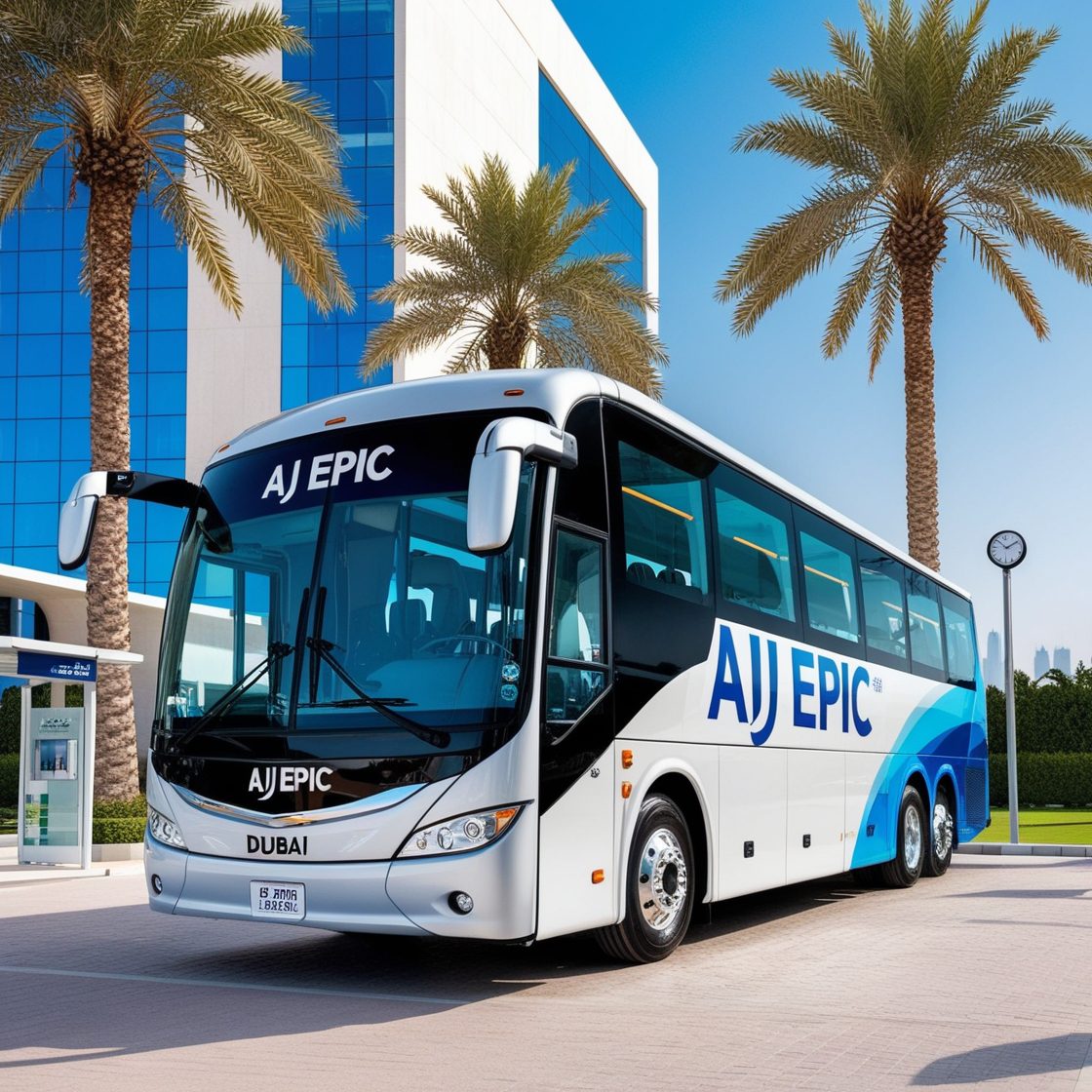 AJ EPIC bus highlighting top features of passengers transport services in Dubai.
