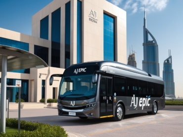 Modern passengers transport service for businesses in Dubai with a branded bus.
