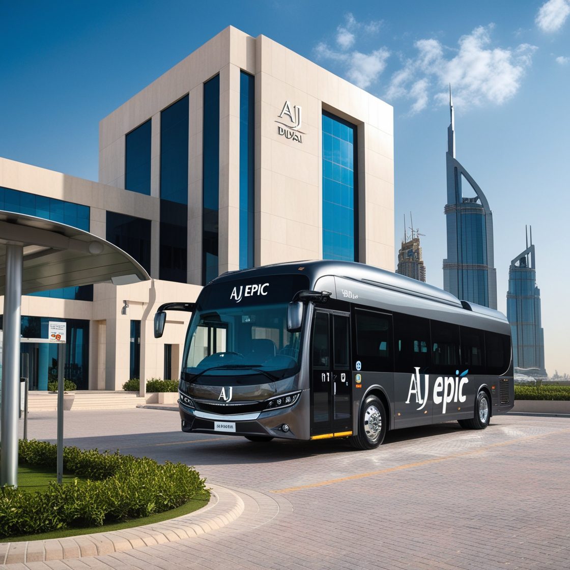 Modern passengers transport service for businesses in Dubai with a branded bus.